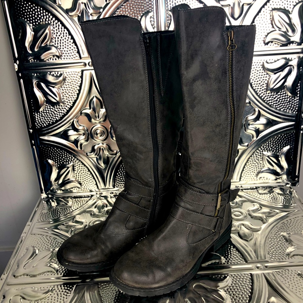 Charcoal Strap Buckle and Zipper Riding Boot